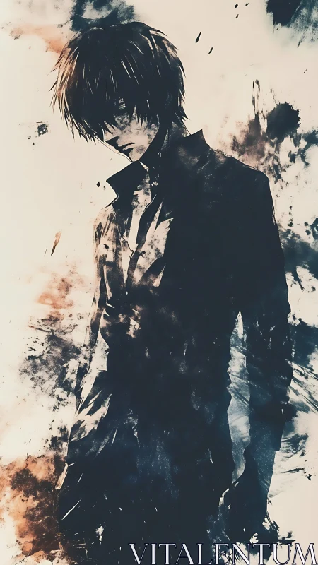 Ink-splashed anime portrait with abstract negative space forms.