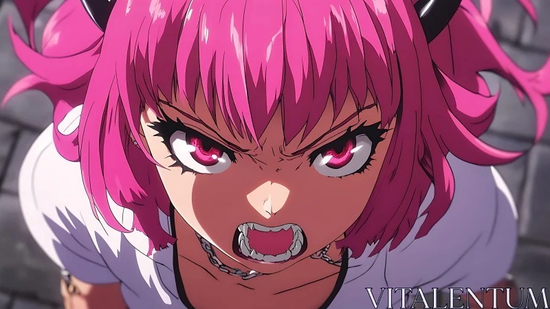 Intense pink haired anime girl roaring with fanged open mouth