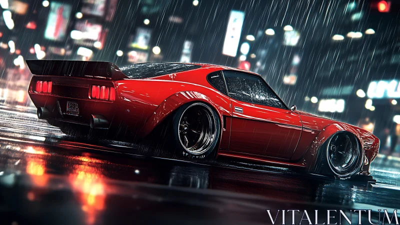 Red tuned sports car on wet neon city street at night.