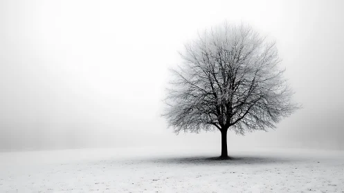 Quiet winter tree stands softly in a tranquil white field