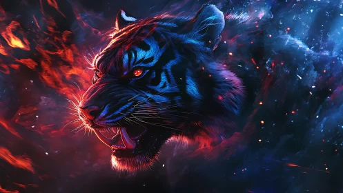 Fierce cosmic tiger roars through swirling fire and starlight