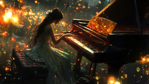 Backlit pianist in glowing bokeh field at grand piano