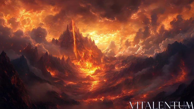 Fiery Realm of Mythical Mountains Rising Through Blazing Clouds