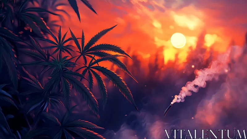 Sunlit cannabis leaves glow against dreamy smoky sunset sky.