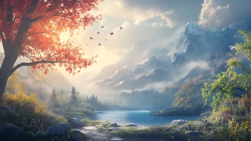 Autumn fire crowns a misty mountain lake of quiet wonders.