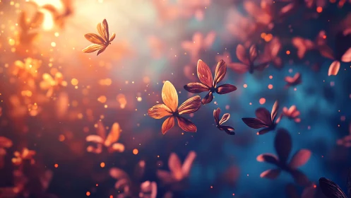 Glowing copper butterflies swirl through dreamy bokeh light.