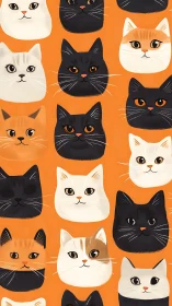 Whimsical Cat Faces Dance Across Bright Orange Canvas