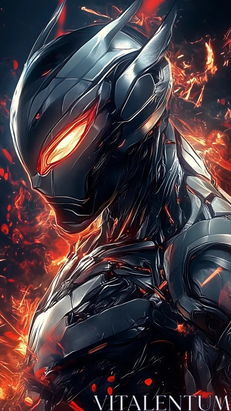 Metallic humanoid figure with illuminated eyes in embers.