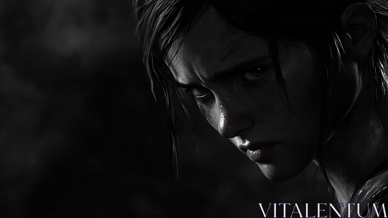 Monochrome close-up of young female face in shadowed profile.