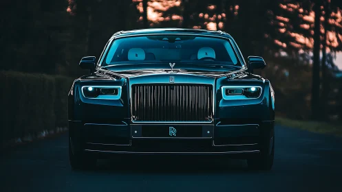 Front view shows luxury sedan with illuminated LED headlights