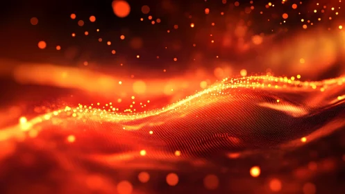 Fiery Abstract Wave with Glowing Particles, Digital Art Style.