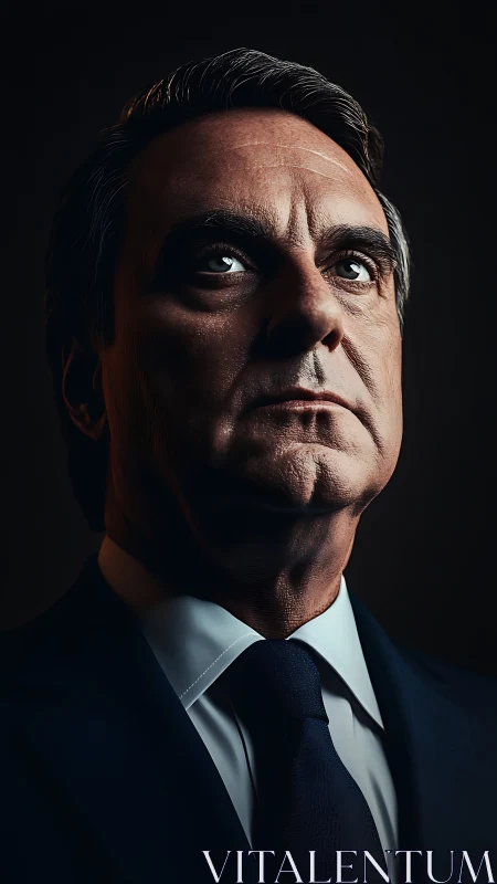 Low key male portrait in suit with upward gaze in shadow.