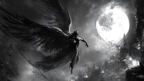 Dark-winged angel silhouette before blazing full moon.