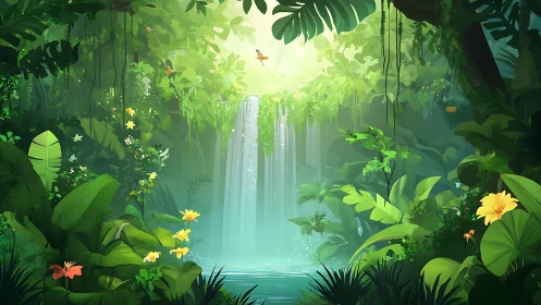 Luminous jungle waterfall sanctuary with cascading water and radiant canopy glow.