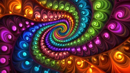 Vibrant fractal spiral with neon rainbow swirling forms.