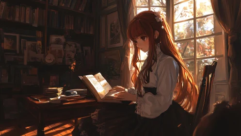 Red haired girl reading in a warm sunlit library interior.