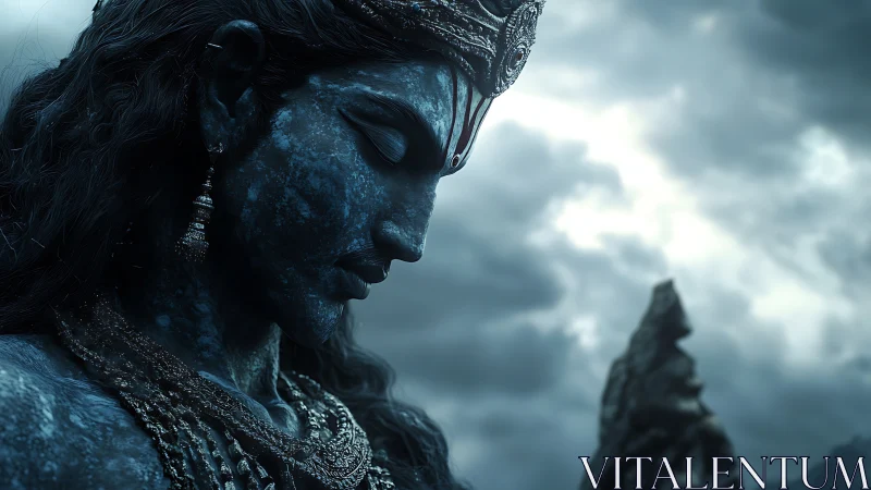 Blue stone deity profile under storm-laden overcast sky