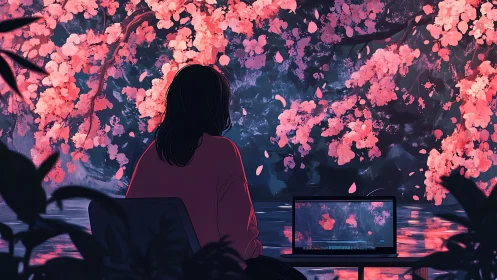 Solitary laptop user beneath luminous digital sakura canopy.