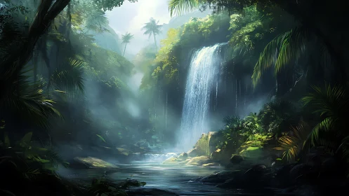 Tropical waterfall gorge with palm-lined canyon and mist