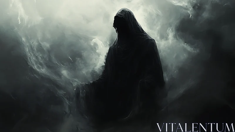 Hooded wraith silhouette emerging from swirling spectral fog.