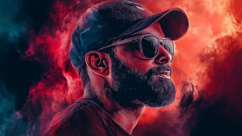 Profile portrait of man in cap and sunglasses against clouds.