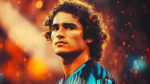 Curly haired athlete stares upward under vivid stadium glow