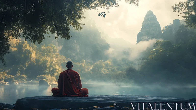 Riverstone monk adrift in morning mist and emerald silence.