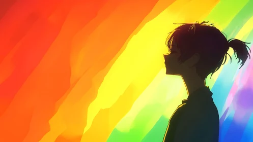 Silhouetted person against vivid rainbow gradient background.