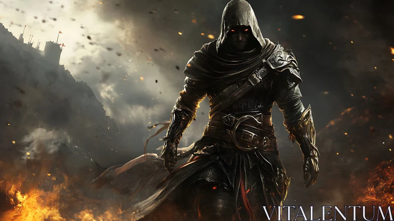 Hooded armored figure walking through burning battlefield.
