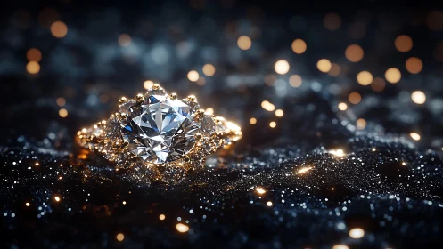 Luxury diamond ring on bokeh-lit glittering surface.