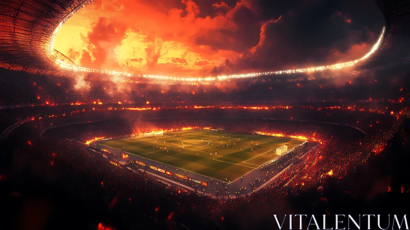 Volcanic football arena under apocalyptic incandescent sky.