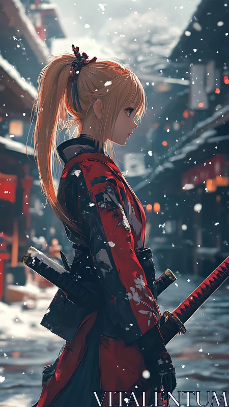 Snowy street samurai girl pauses in quiet winter resolve
