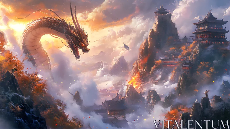 Fiery sky dragon guarding misty mountain temples at dawn.