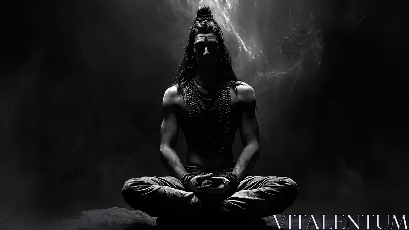 Silhouetted seated figure in meditation against dark background.