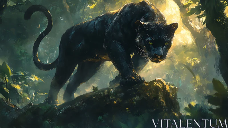 Black Panther in Misty Jungle Environment.