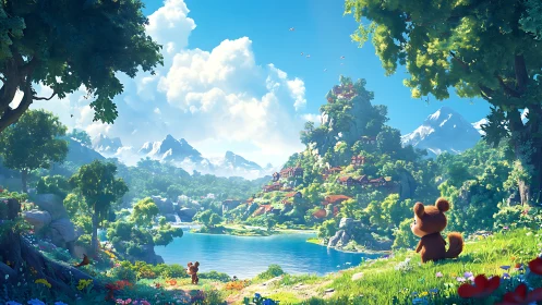 Cartoon bear characters observe bright lake village landscape