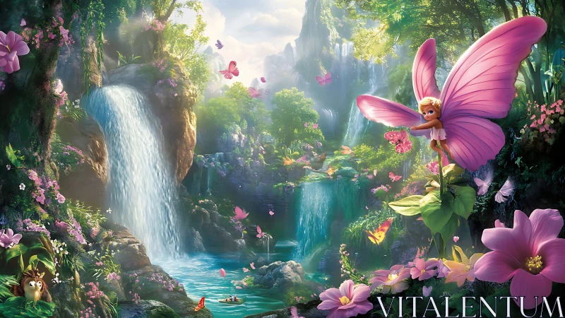Pink winged fairy over lush waterfall fantasy valley.