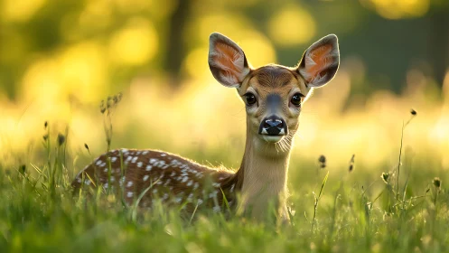 Young spotted fawn resting in sunlit meadow grass.