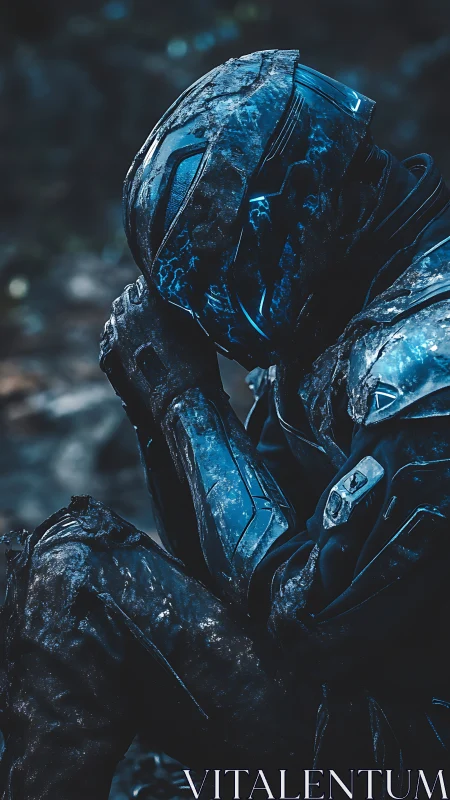 Battle-worn sci-fi soldier rests in reflective solitude.