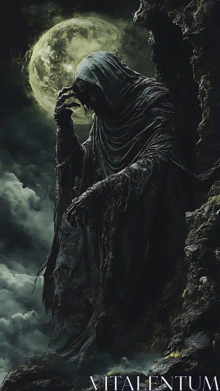 Moonlit wraith broods on a crumbling cliff of stormshadow.