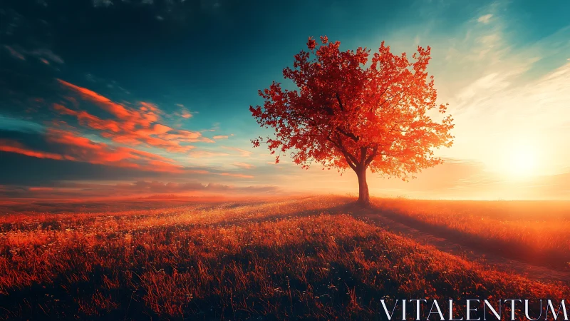 Solitary crimson tree basking in a blazing dreamscape sunset.
