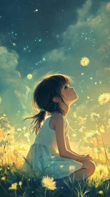 Young girl seated in meadow under luminous evening sky.