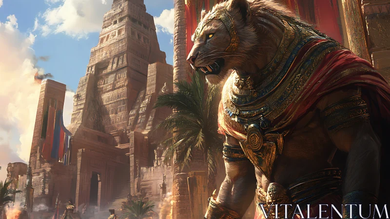 Lion pharaoh strides beneath sunlit ziggurat of burning gold