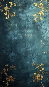 Teal patina wall with distressed gold baroque flourishes.