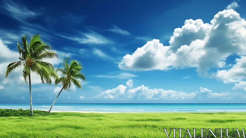 Tropical Beach Paradise with Palm Trees and Ocean Horizon.