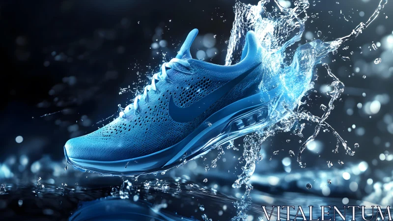 Dynamic blue running shoe in splash of water, modern sports style.
