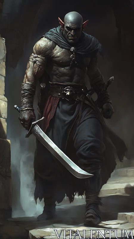 Armored orc warrior descends stone steps with curved blade