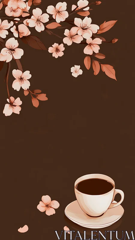 Minimalist coffee cup and stylized blossoms in monochrome palette