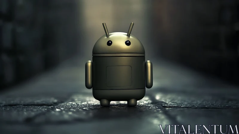 Metallic android mascot standing on wet cobblestone street.