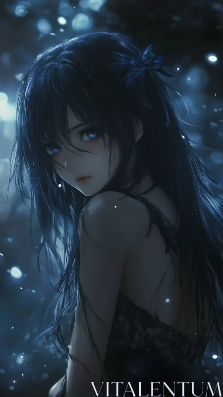 Moonlit anime girl gazes back through softly falling lights